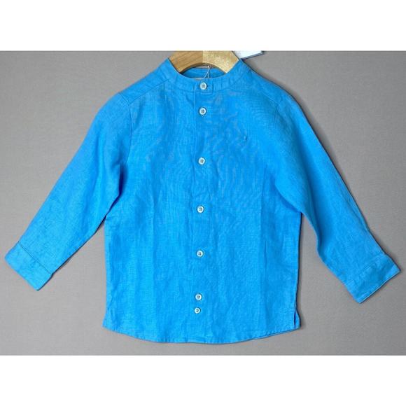 NWT Jacadi Sky Blue Band Collar Long Sleeve Button Up Linen Shirt Boys 3 Yrs - Picture 1 of 4